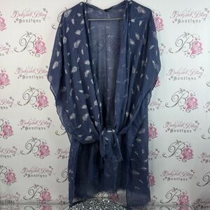 Lvs Collections kimono robe cardigan tie Blue Sheer Kimono wrap Feather Pattern